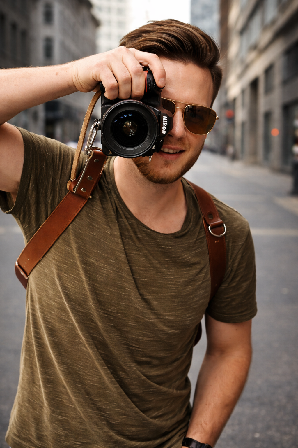 Young male photographer with sunglasses holding Nikon camera on urban city street.