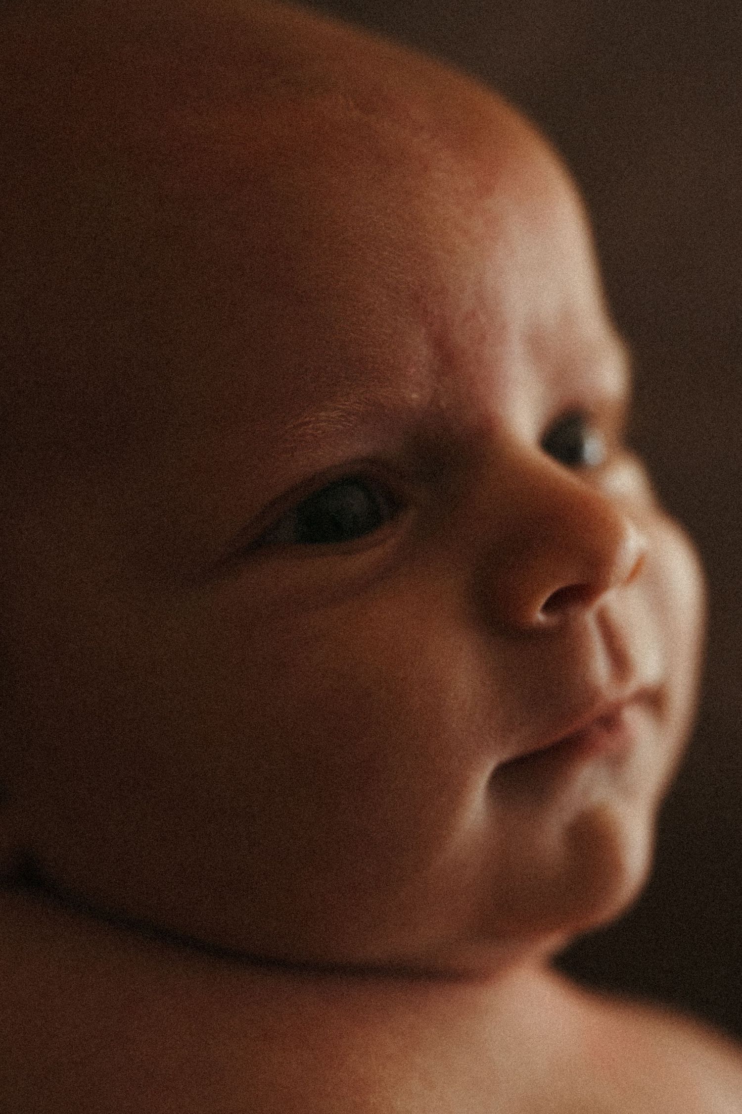 Close-up artistic portrait of a newborn baby's face in soft lighting.