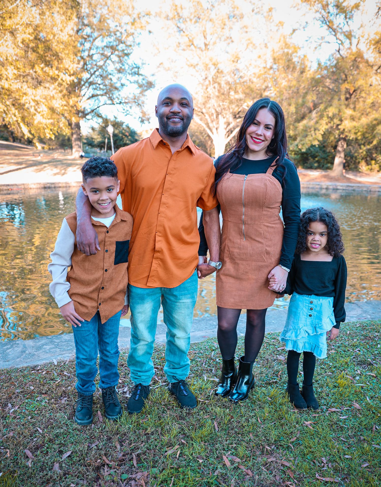 Family portrait series showing group in casual autumn outfits against water backdrop.