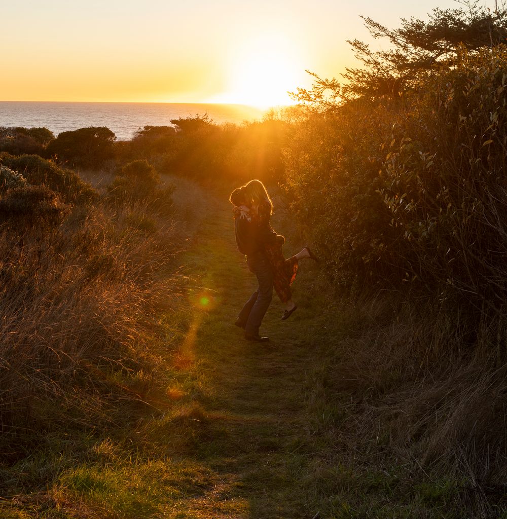 Dramatic golden sunset lighting illuminates a winding dirt path through silhouetted coastal vegetation and trees.