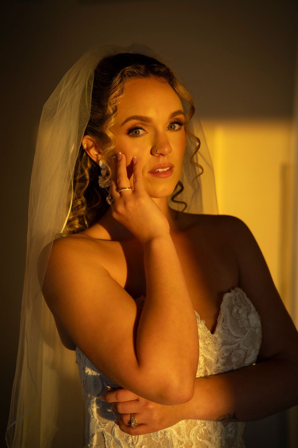 Dramatic golden hour bridal portrait with soft lighting and flowing veil.