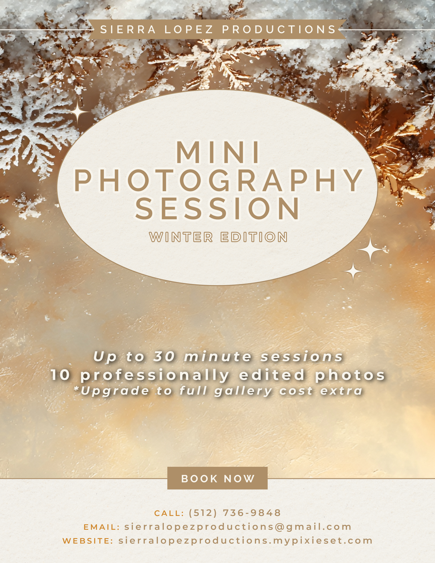 Graphic flyer promoting mini session photography by Sierra Lopez Productions with session details and branding.