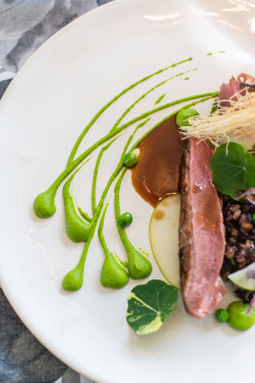 Elegant plated dish featuring seared duck breast with green herb sauce and microgreens on white porcelain.
