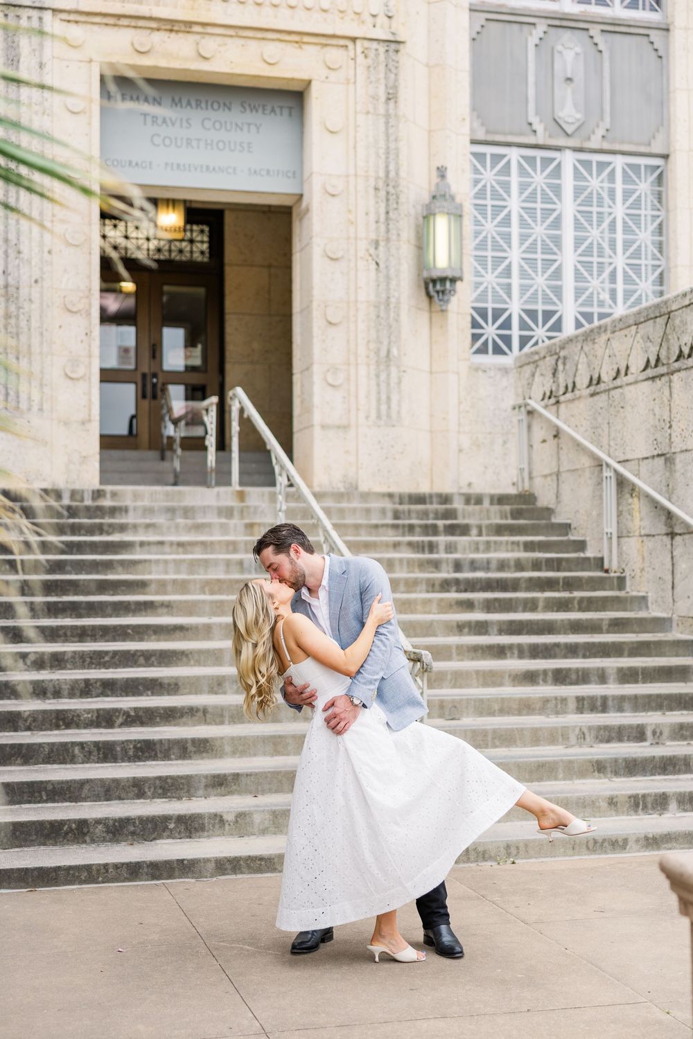 A romantic dip pose captured in sequence across five frames on stone steps of a historic building entrance.