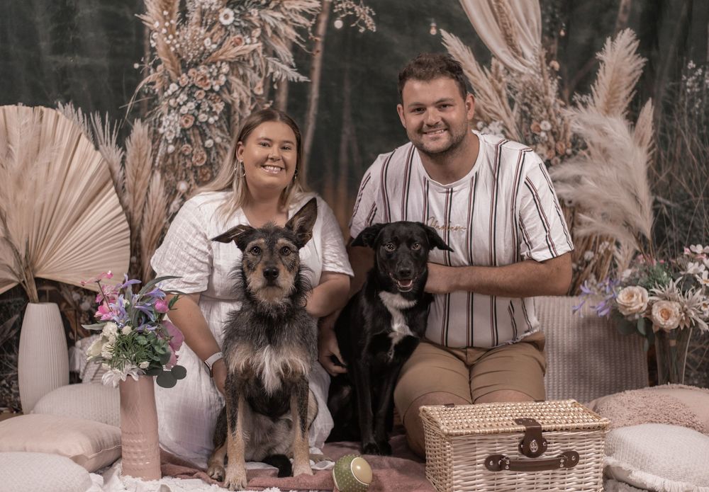 A smiling couple poses with two dogs amid floral decor and pampas grass backdrop for a professional pet photo session.