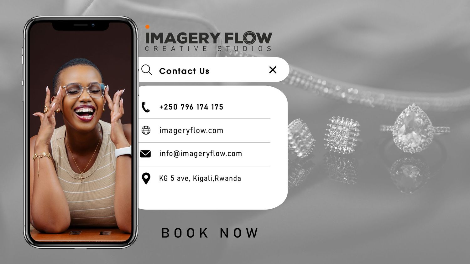 Mobile interface mockup showing booking contact details and profile photo on gradient background.