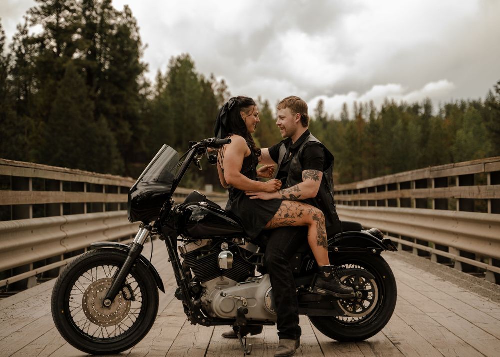 Kootenay Wedding Photographer Cranbrook cute couple poses on harley davidson