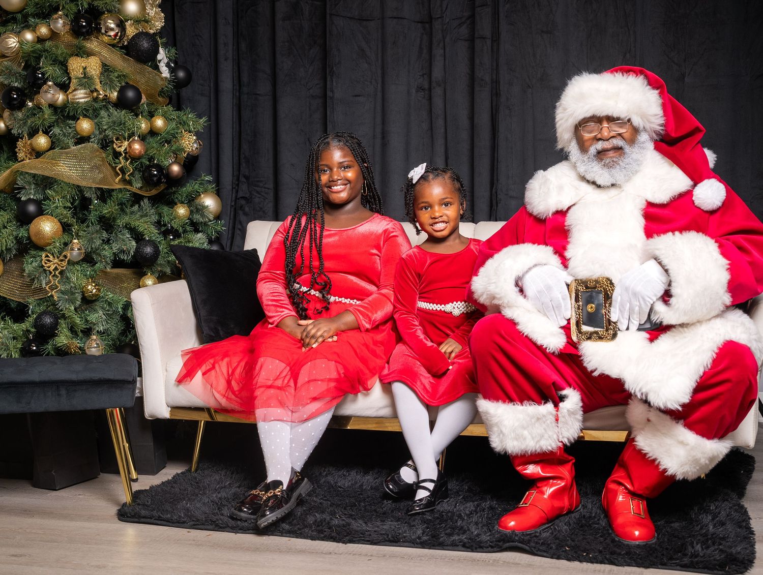 A festive holiday photo collage showing multiple Christmas scenes with Santa and children against decorated backdrops.