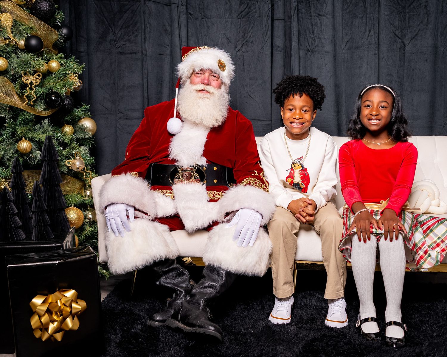 A series of holiday photos showing people sitting with Santa Claus against a dark background with Christmas decorations.