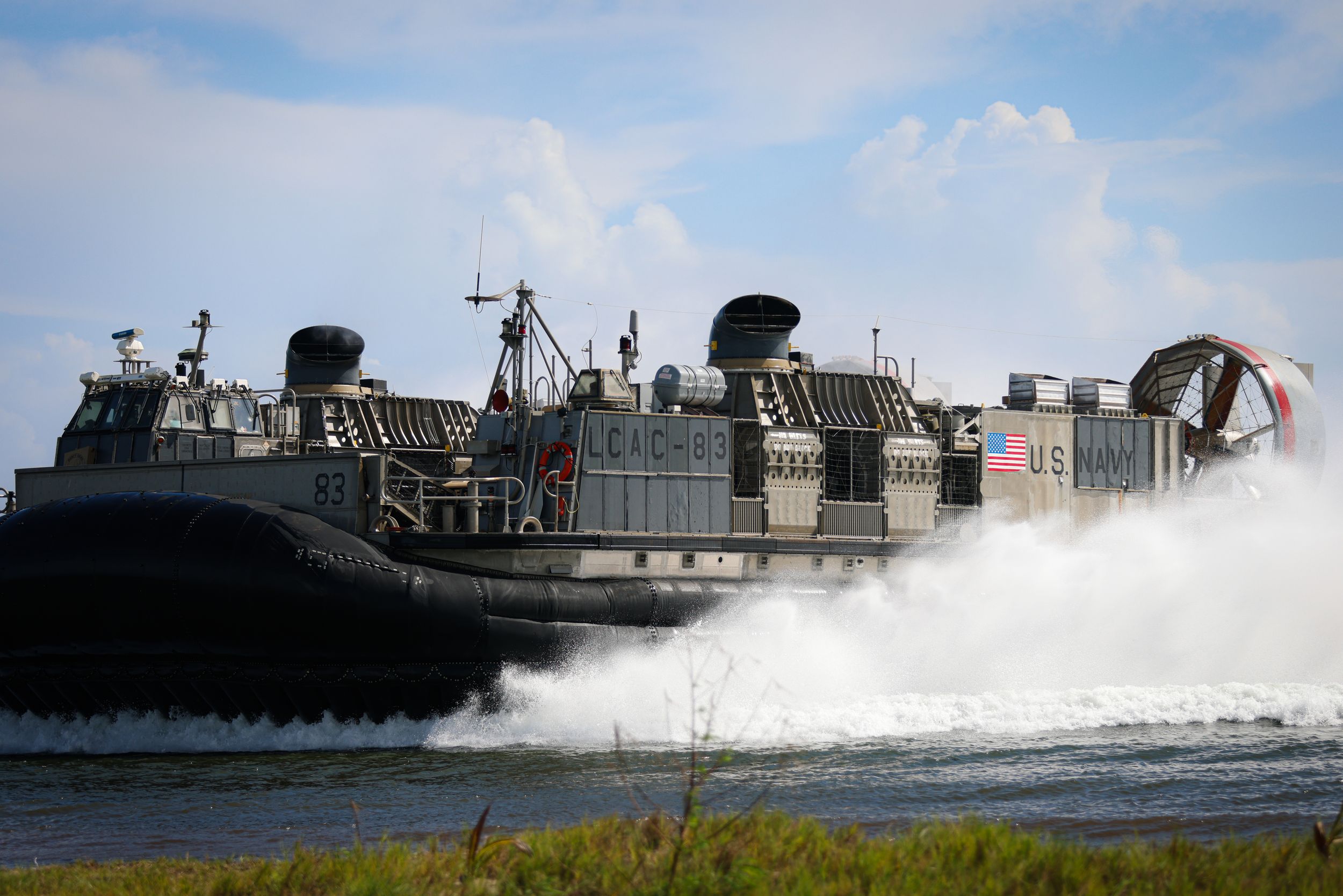 A U.S. Navy Landing Craft Air Cushion (LCAC) conducts training maneuvers off the coast of Punta Guilarte in Arroyo, Puerto Rico