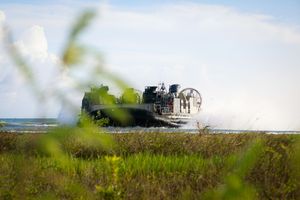 A U.S. Navy Landing Craft Air Cushion (LCAC) conducts training maneuvers off the coast of Punta Guilarte in Arroyo, Puerto Rico