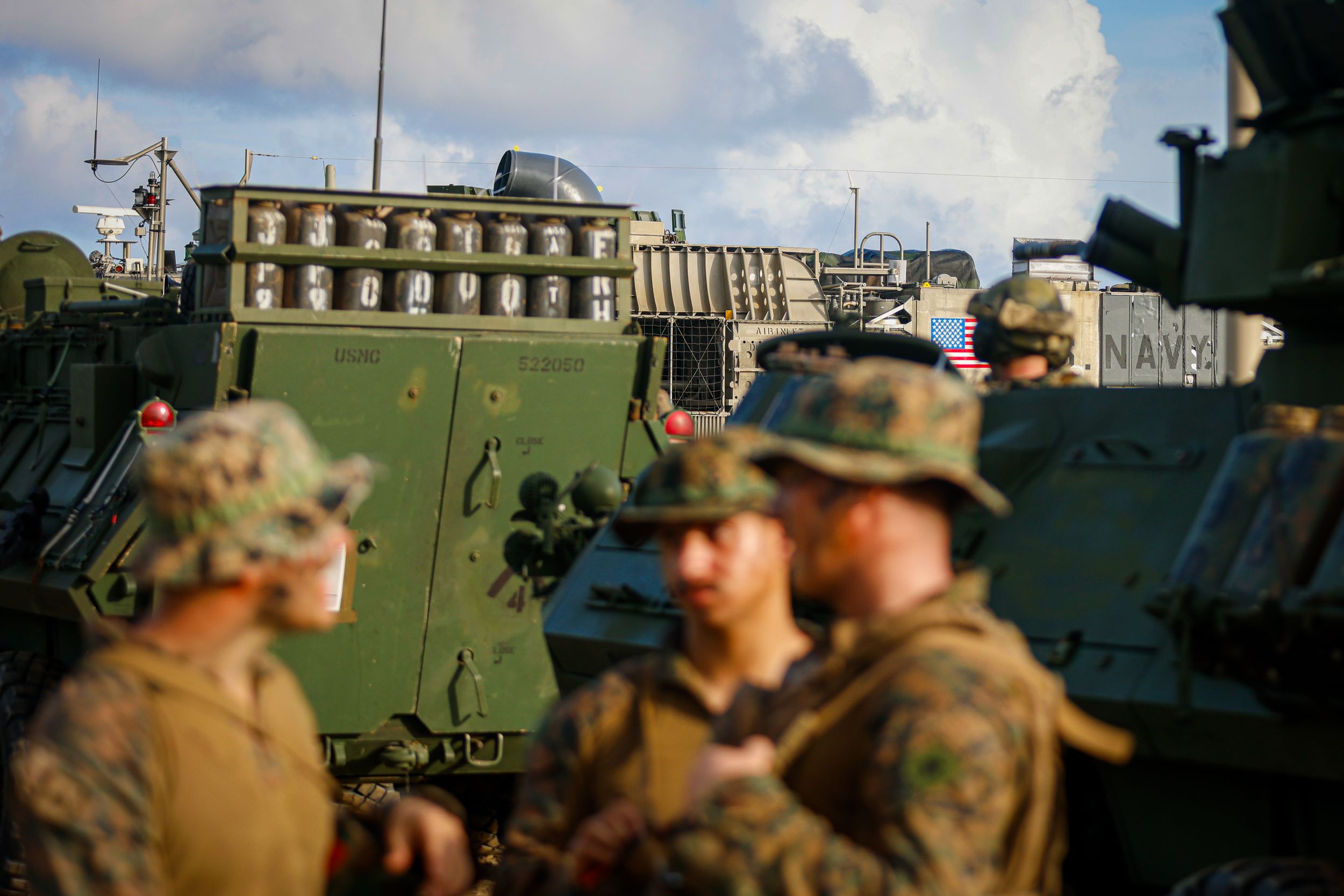 A U.S. Navy Landing Craft Air Cushion (LCAC) conducts training maneuvers off the coast of Punta Guilarte in Arroyo, Puerto Rico