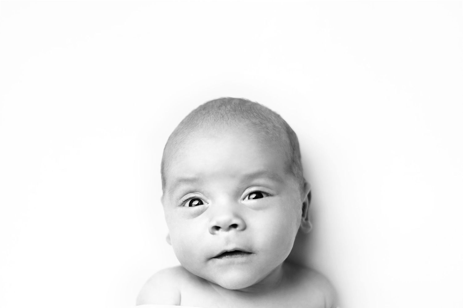 Black and white close-up portraits of infant faces showing various expressions and angles in a horizontal series. Orem newborn photographer