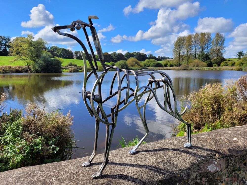 Poised, greyhound, dog sculpture, garden sculpture, steel sculpture, forest of dean, gloucestershire, Gabriel Parfitt, for sale