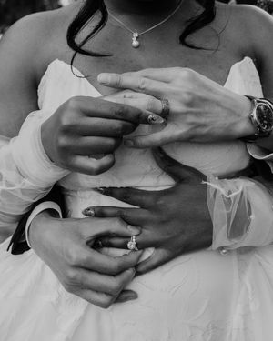 Black and white close-up shots showing hands with wedding rings in various intimate poses.