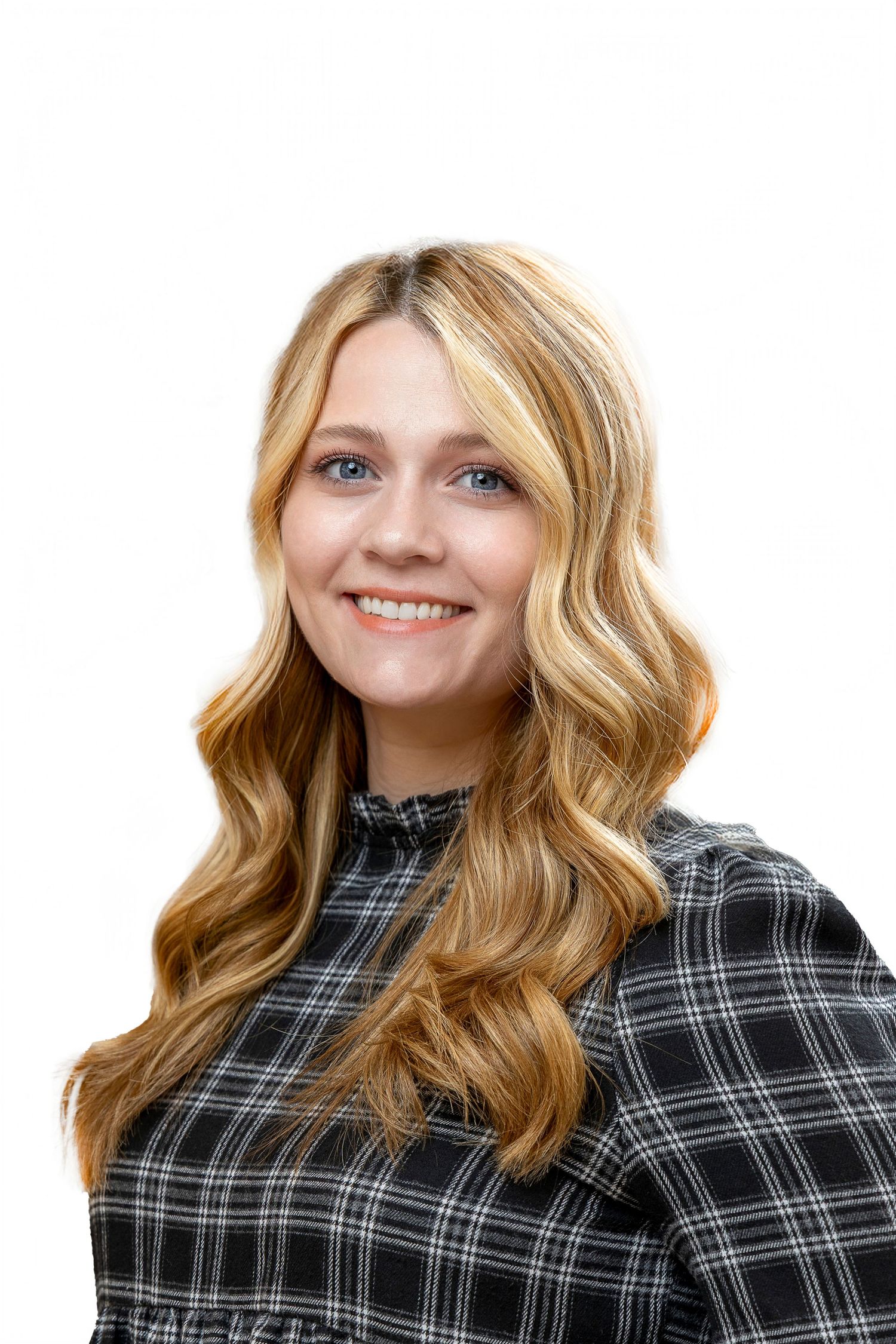 Portrait series showing person in plaid shirt with wavy hair against white background.