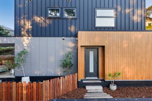 Modern home exterior featuring dark vertical cladding, cedar wood paneling, and a sleek front entry door with landscaped pathway.