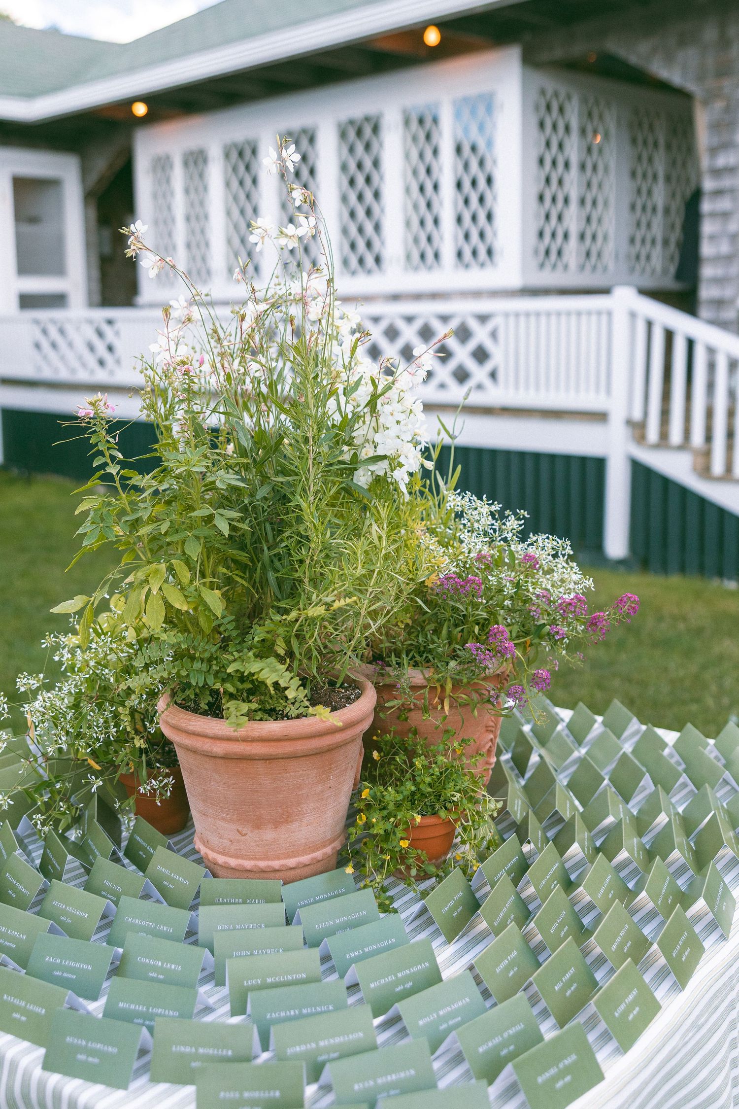 Terra cotta potted wildflowers centerpiece surrounded by green place cards on striped table at outdoor wedding reception.