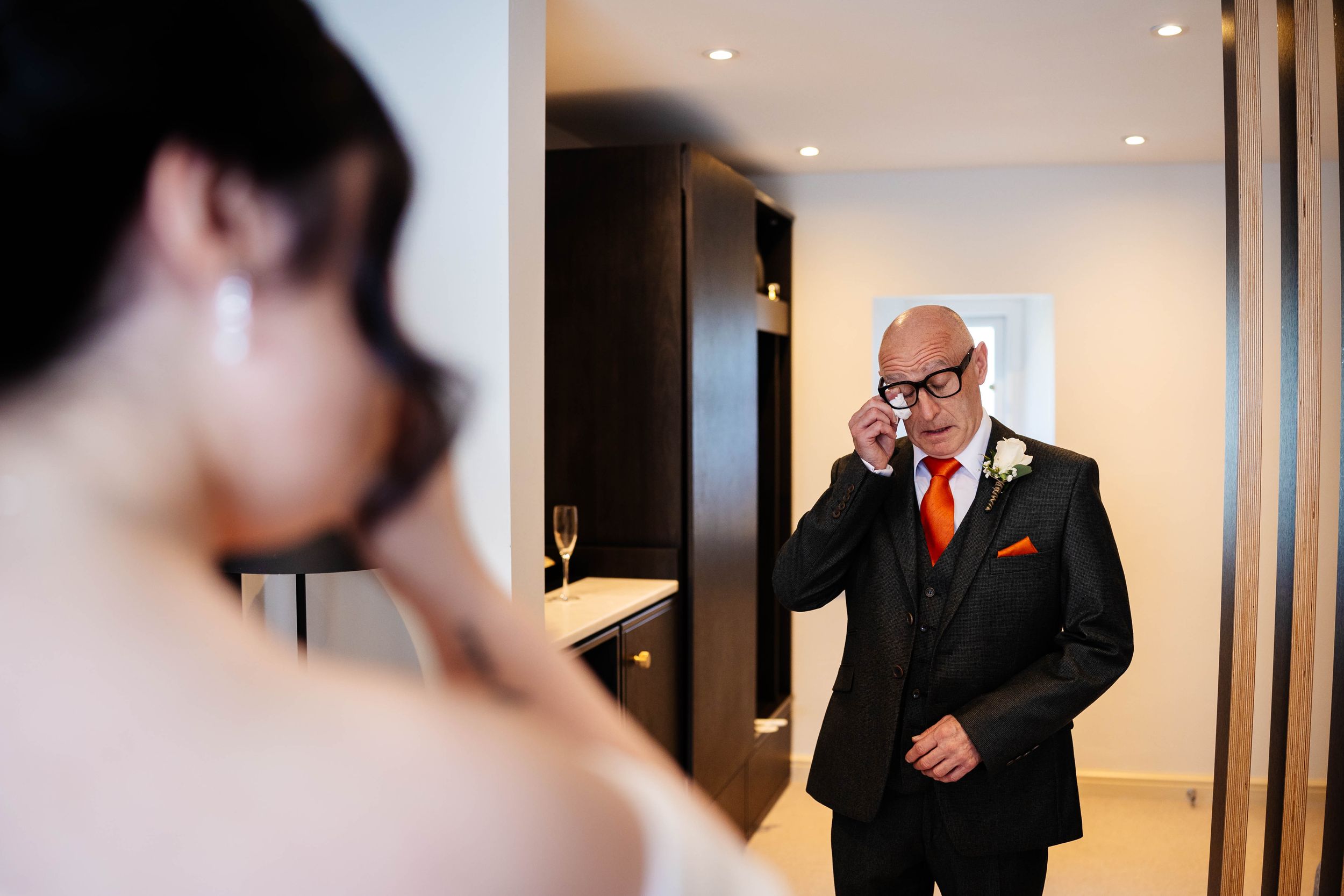 A candid moment at Mytton Fold during a bridal prep with a first look with Father of the bride. Captured by Lynette Matthews Photography