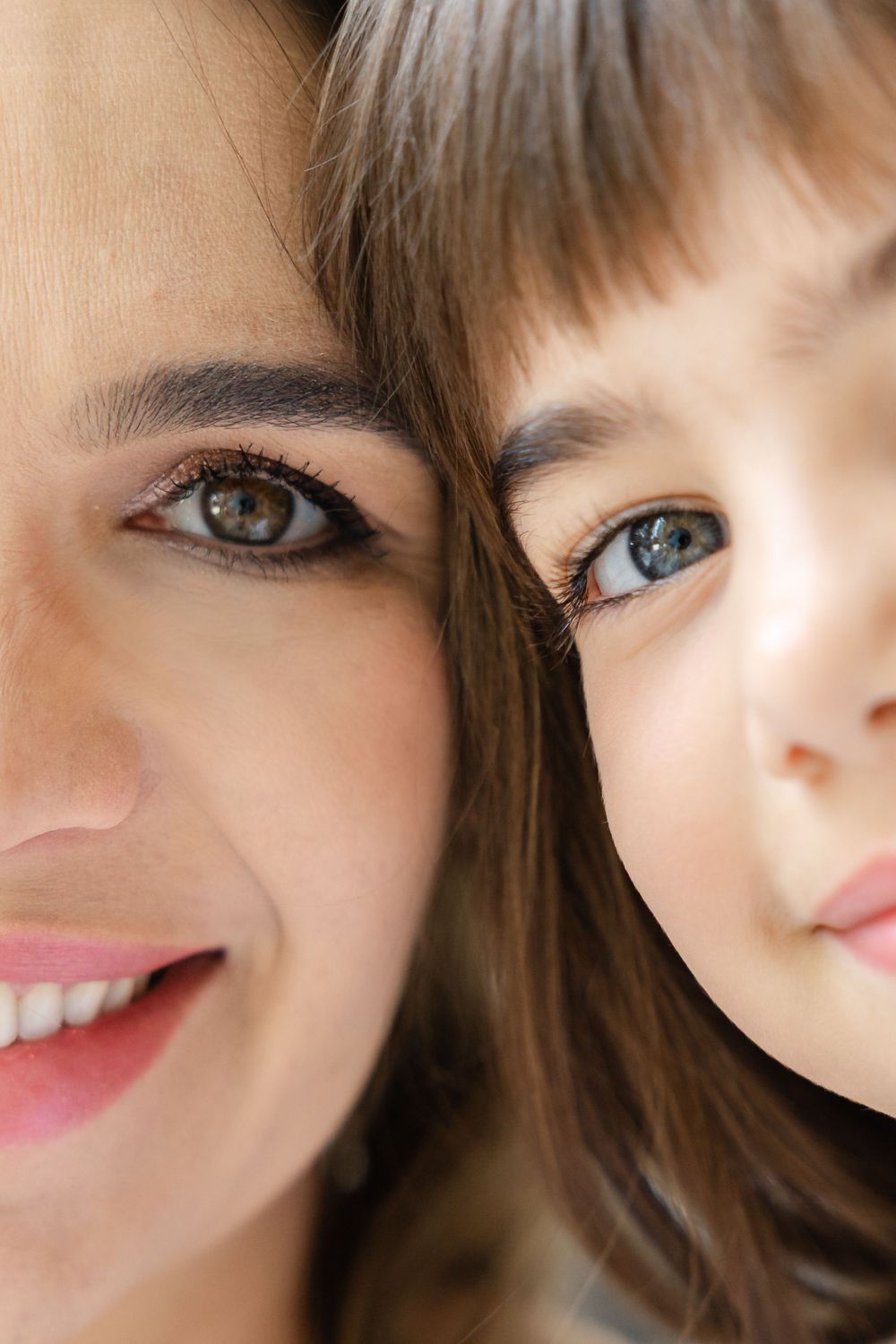 A series of close-up photos showing brown hair with bangs, pink lips, and bright eyes in different angles and expressions.