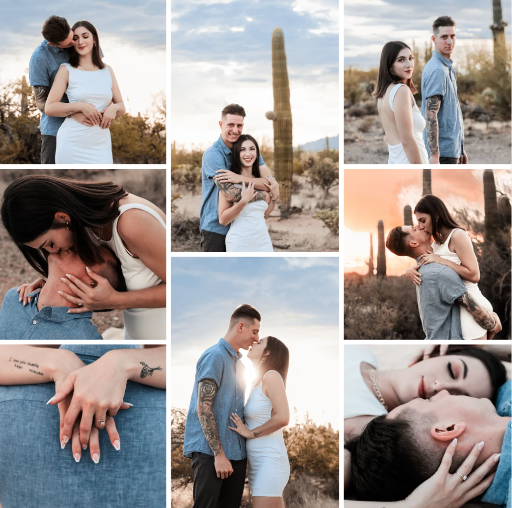 Couple celebrating engagement at desert photoshoot at golden hour with a beautiful sunset background.