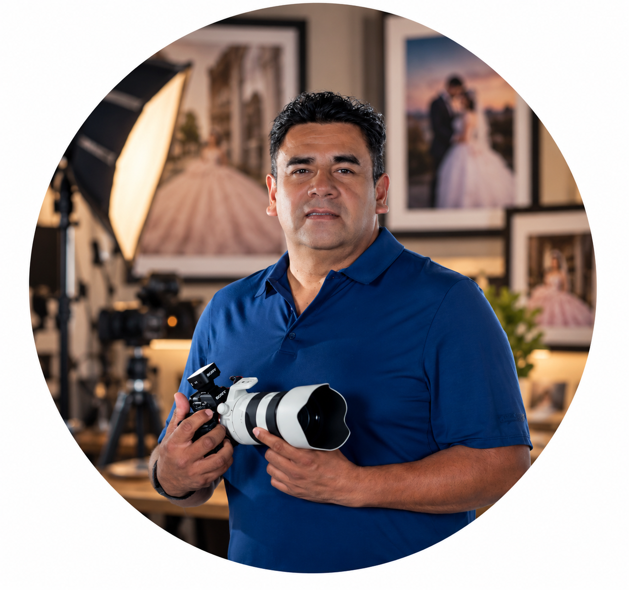 Male photographer in black pinstripe suit posing with camera tripod and lens on white background.