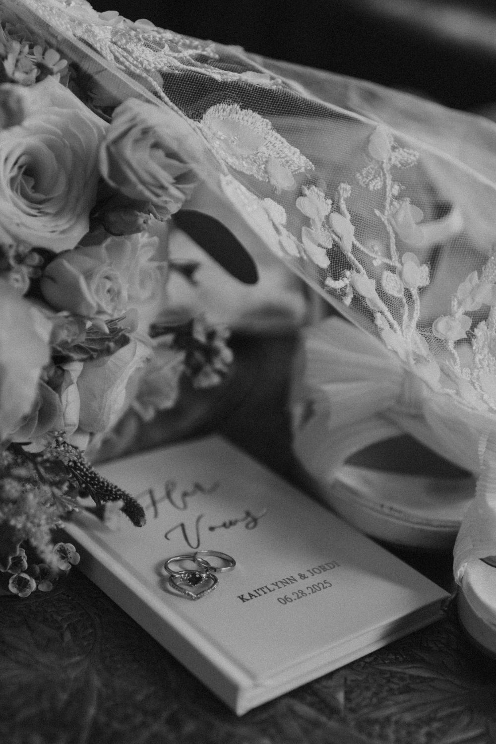 Black and white wedding flat lay featuring rings on vow book, bridal bouquet, lace veil, and heels.