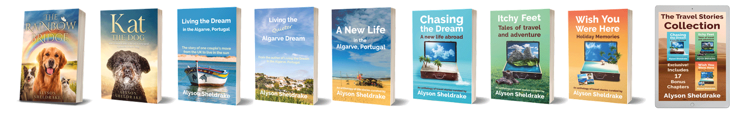 Collection of colorful Alyson Sheldrake travel and lifestyle book covers displayed in a row.