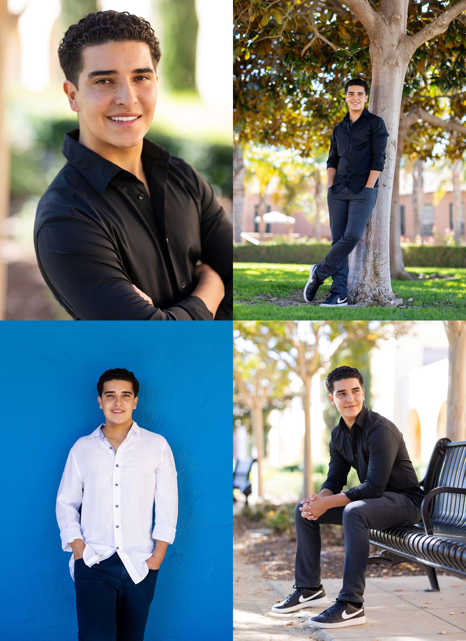 Professional portrait collection showing casual and formal poses in outdoor and studio settings with natural lighting.
