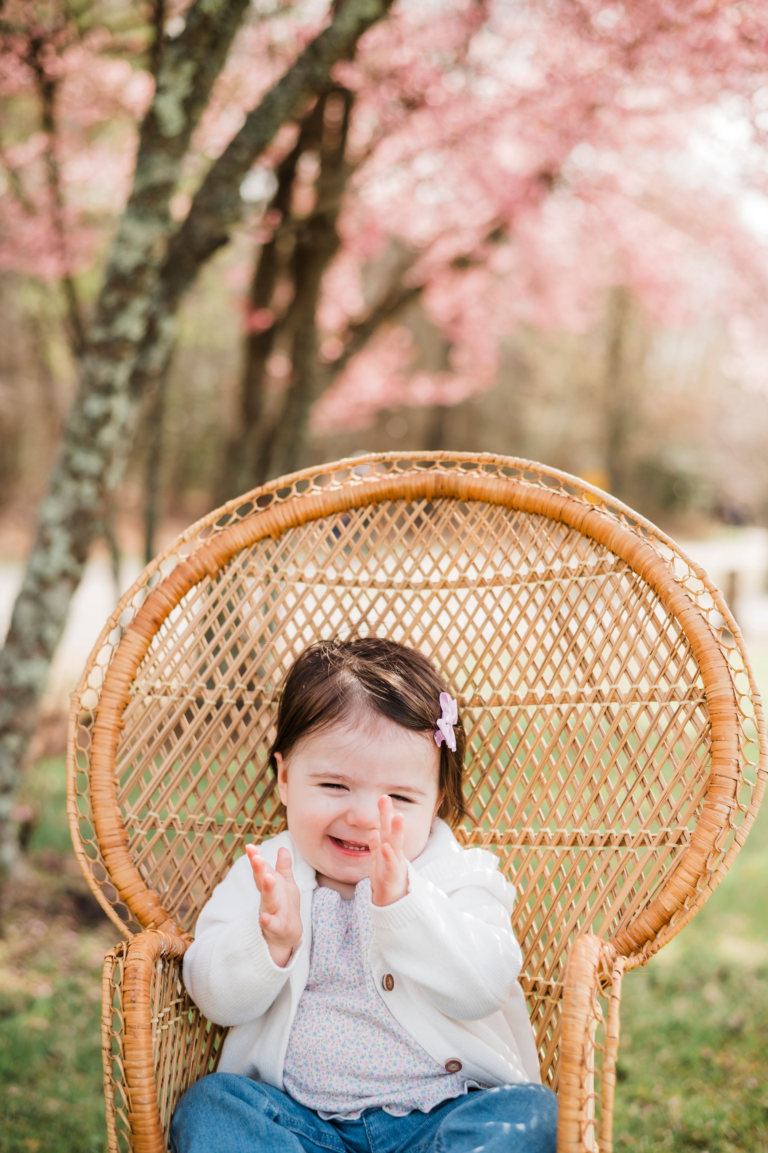 A child wearing white sweater and jeans sits on a vintage peacock wicker chair with pink cherry blossoms in background.