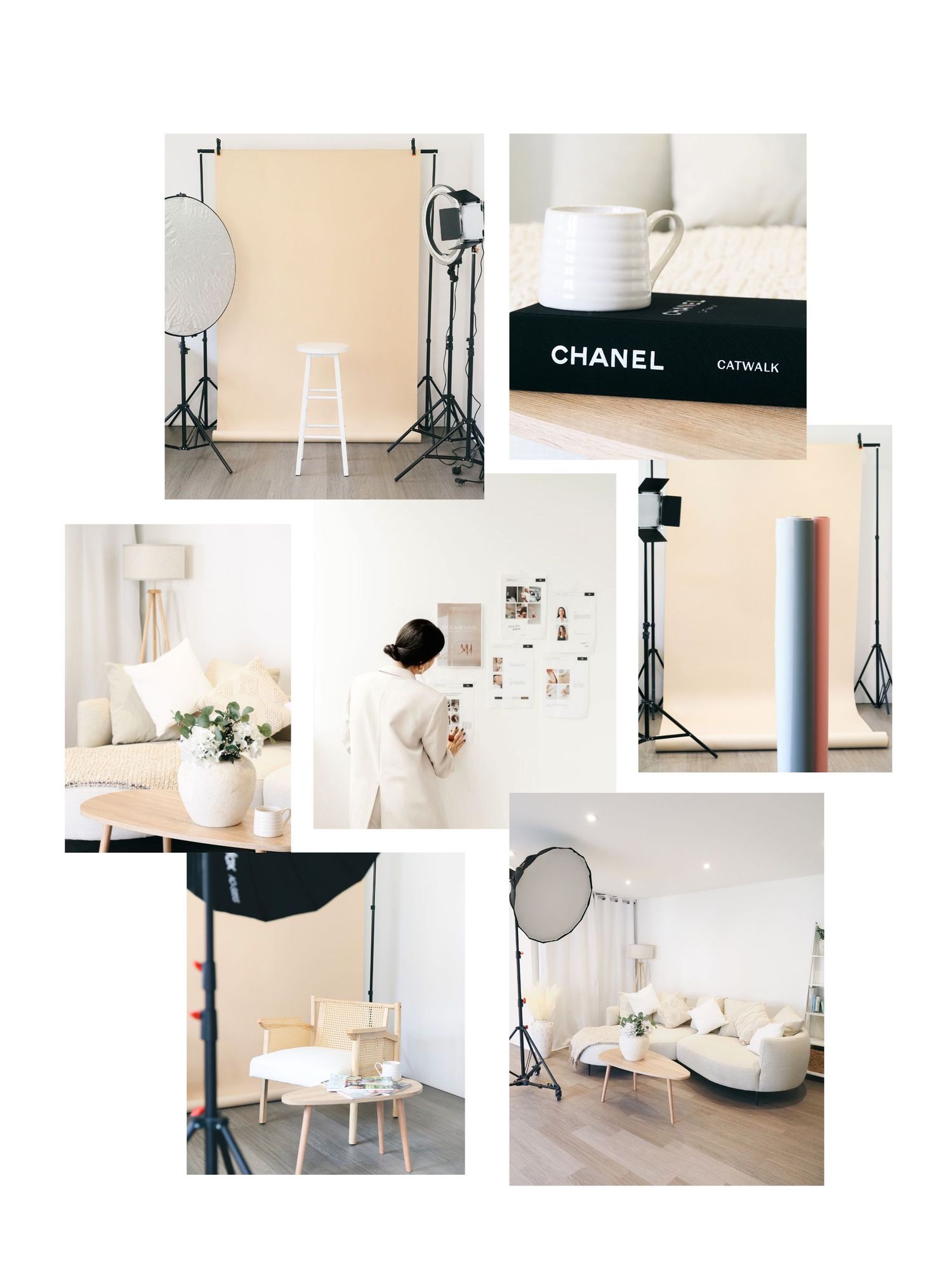 Professional photography studio setup with lighting equipment, white furniture, and elegant Chanel branding elements.