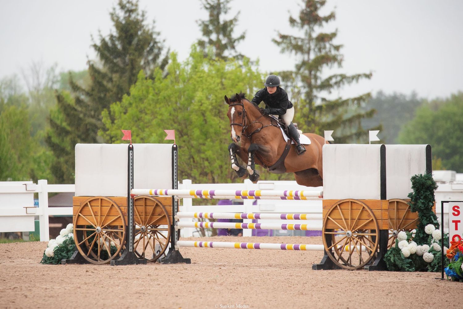 Horse and rider jump over a wooden obstacle between decorative wagon wheel props at an equestrian competition.