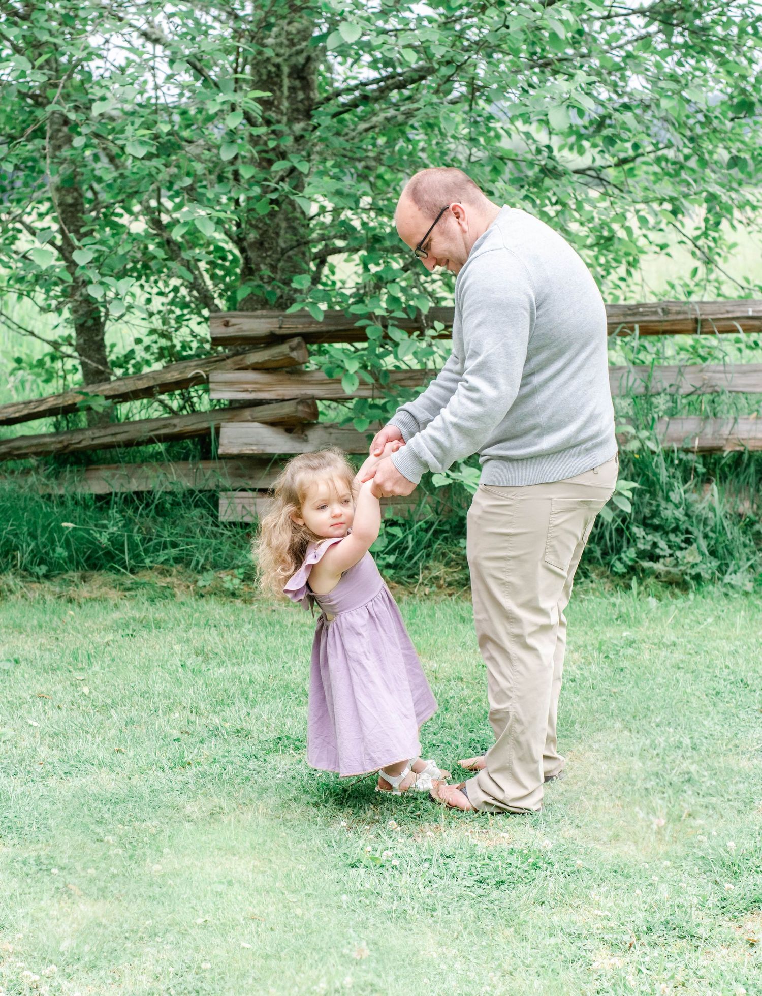 Playful outdoor photo sequence in a lush green garden setting.