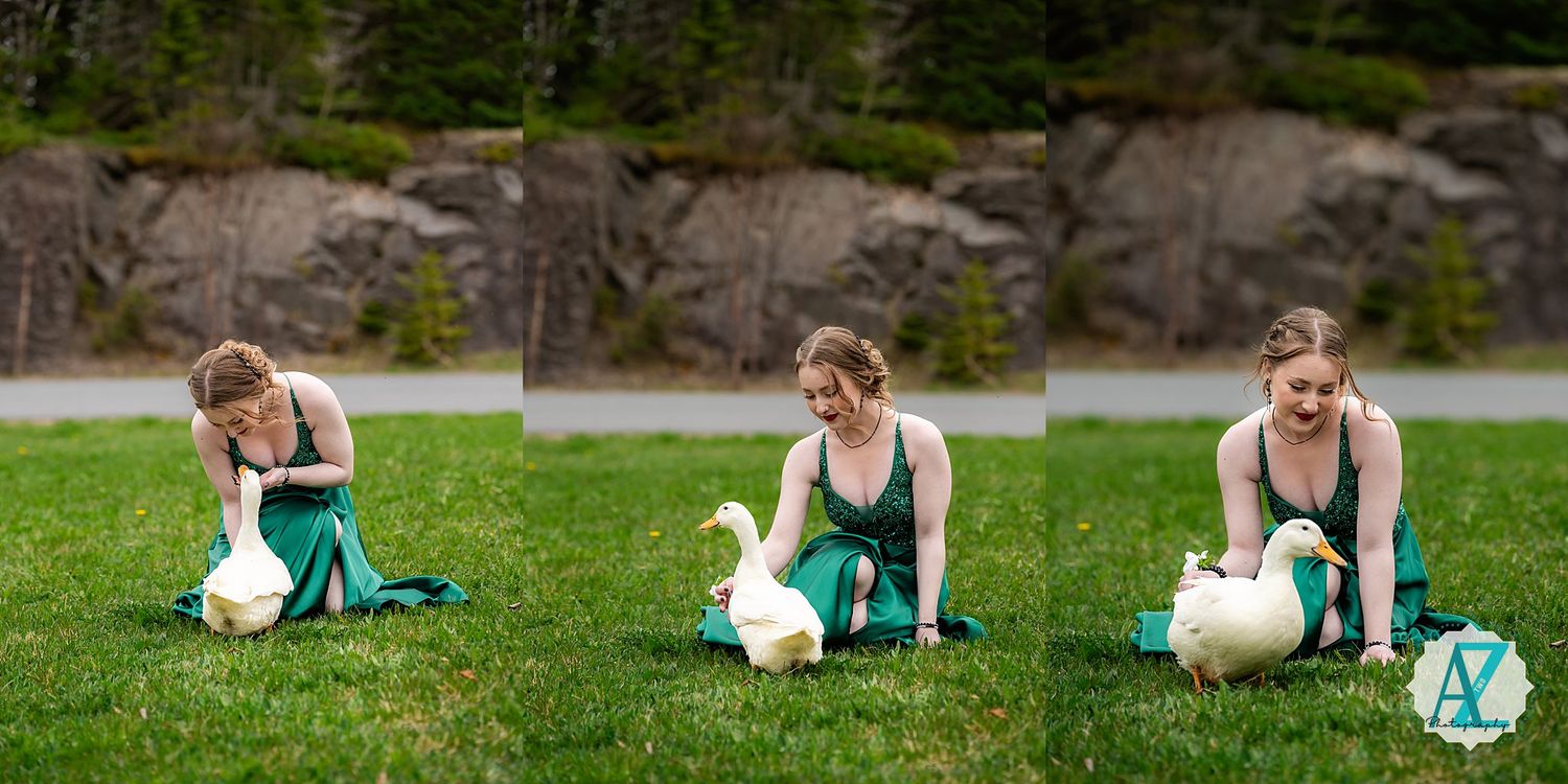 Sequence of photos showing someone in green dress sitting with white pumpkins on grass.
