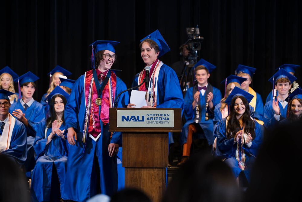 Co-valedictorians Werner and Vonesh deliver their joint address about class connectedness at NPA's 2025 graduation ceremony.