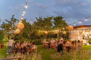 Outdoor evening party with string lights and lanterns illuminating guests in a garden setting.