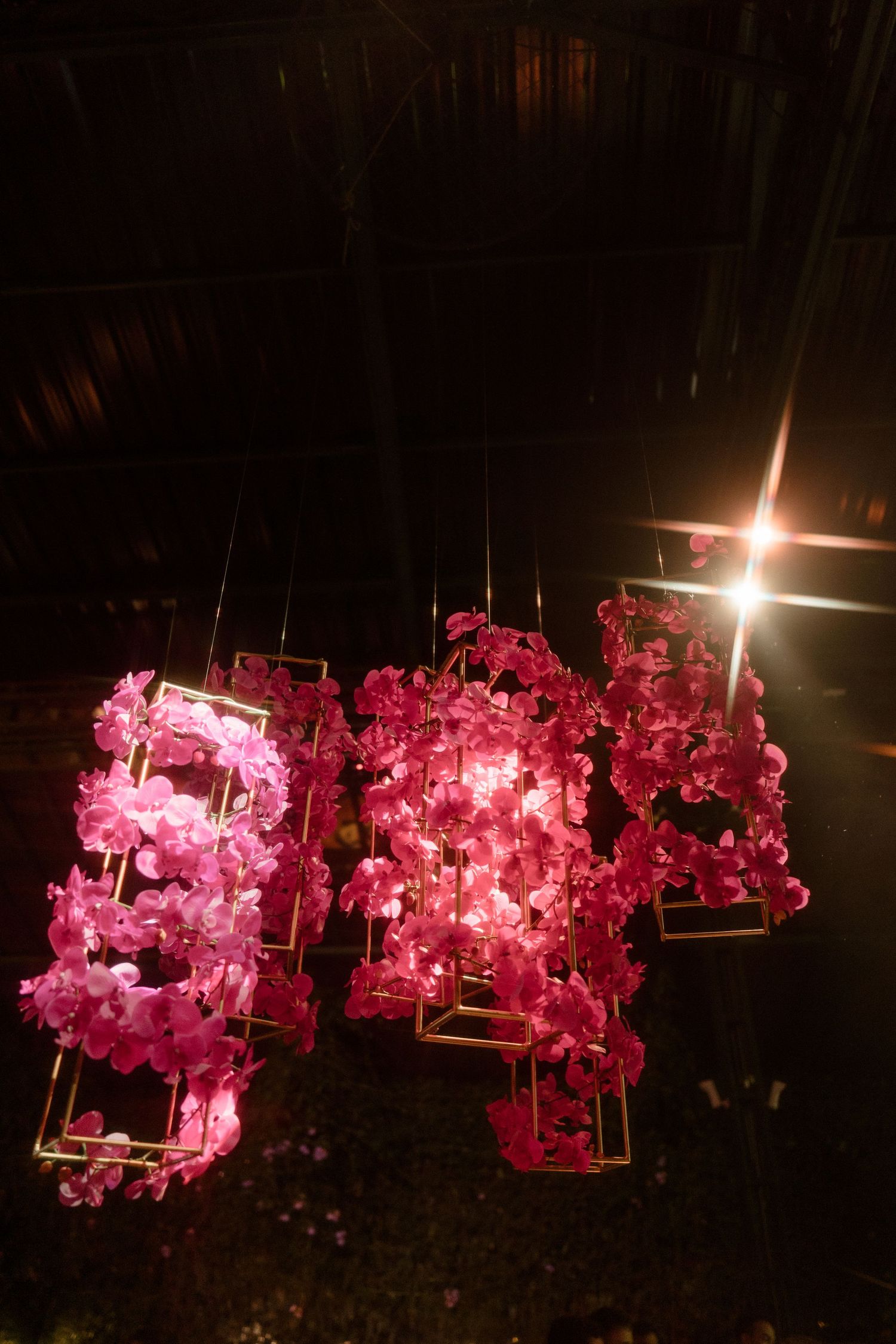 Pink illuminated floral decorations arranged in cubes creating a glowing display at night.