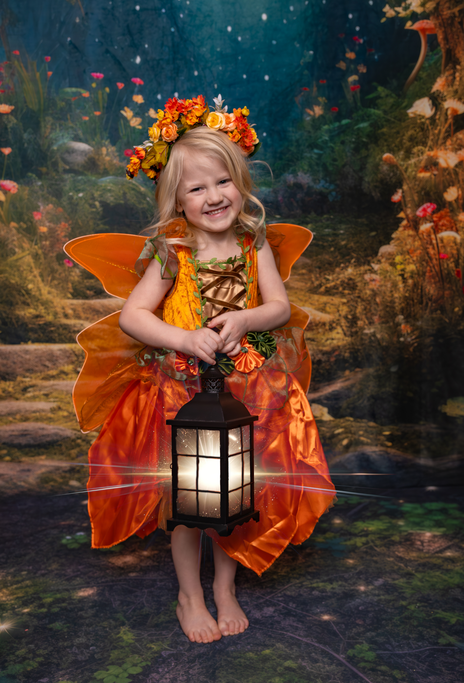 Autumn fairy in orange dress holds lantern in enchanted forest setting with glowing lights.