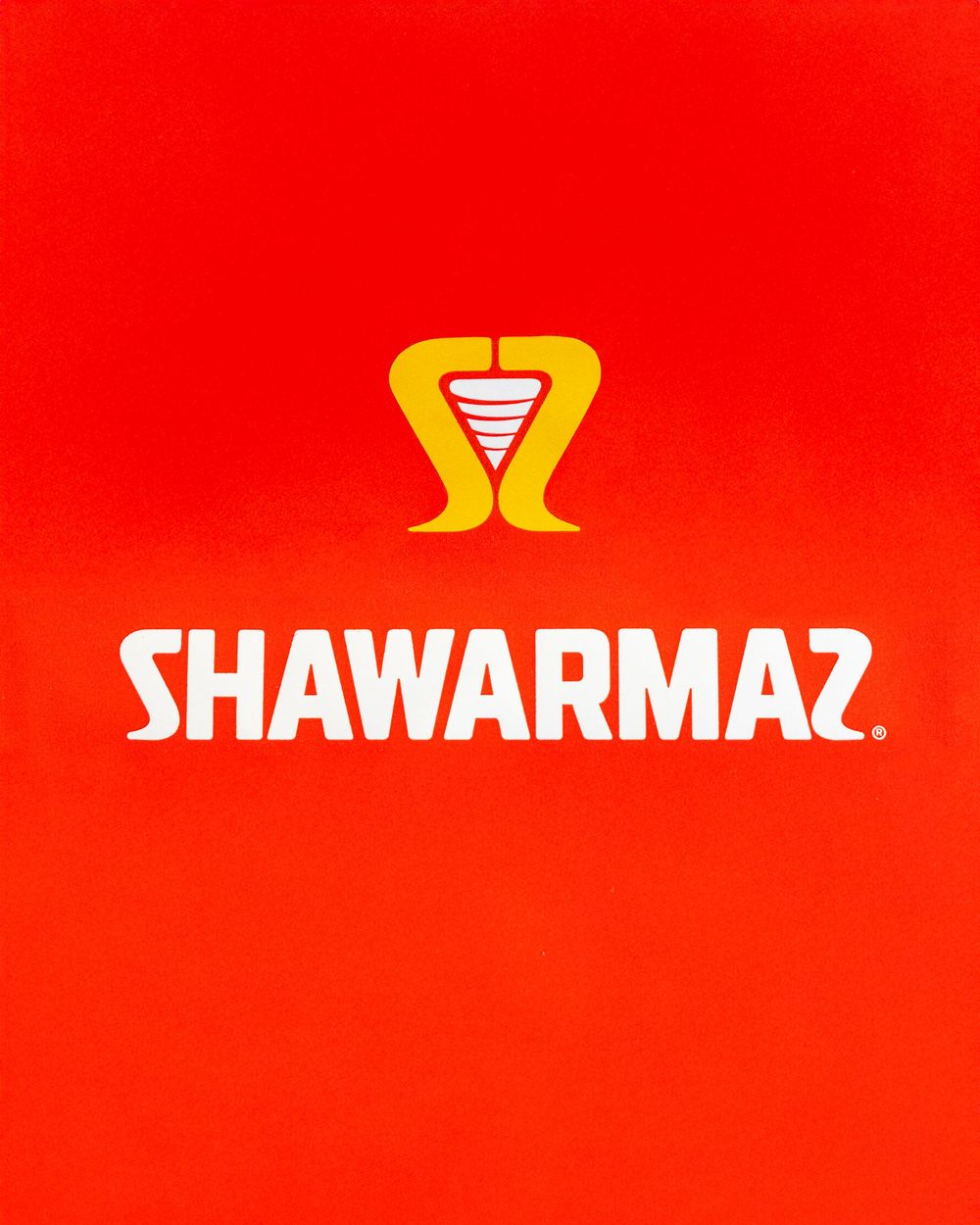 Red and yellow Shawarmaz restaurant logo design on bright red background. Mtlshutter photography