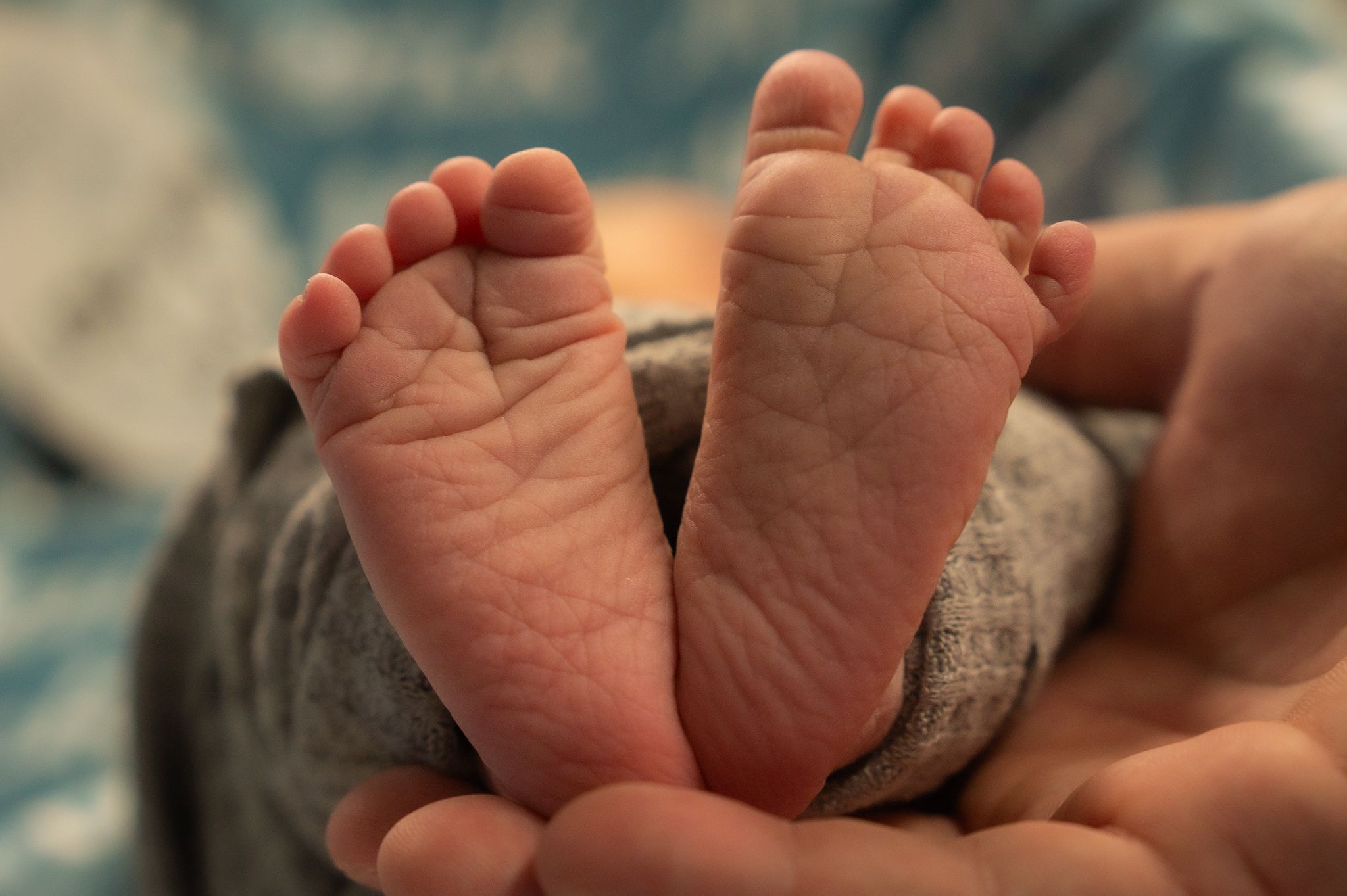 Row of newborn baby feet with wrinkled skin against a light background.