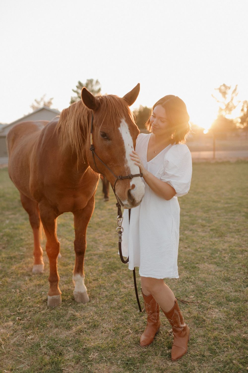 Woman in white dress pets brown horse during golden hour in field.
