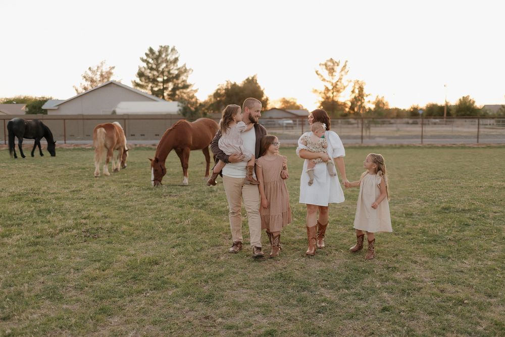 A family photo session in a field with horses grazing in the background during golden hour.