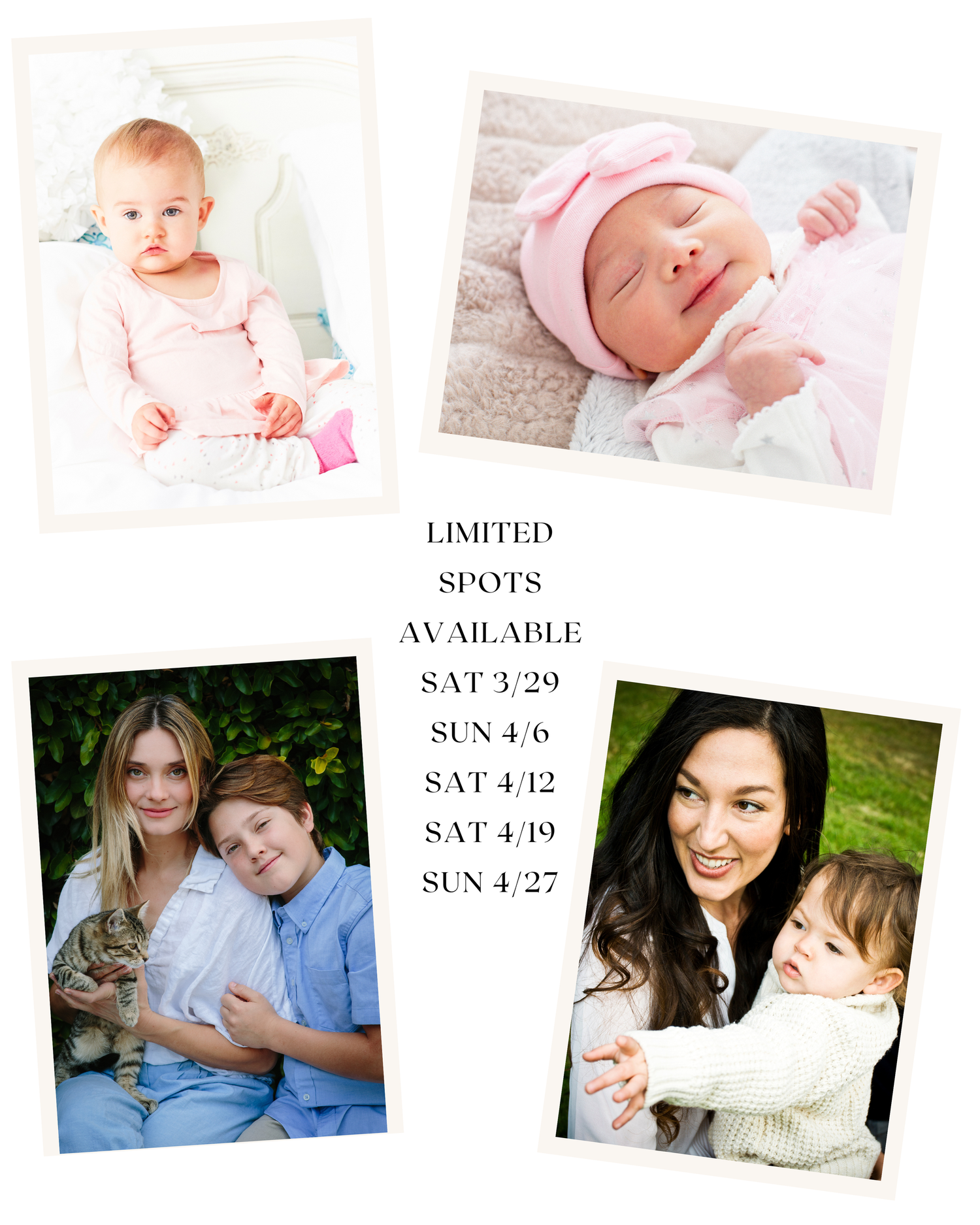 A photography session availability announcement showing four portraits arranged in a collage with dates listed for March and April.