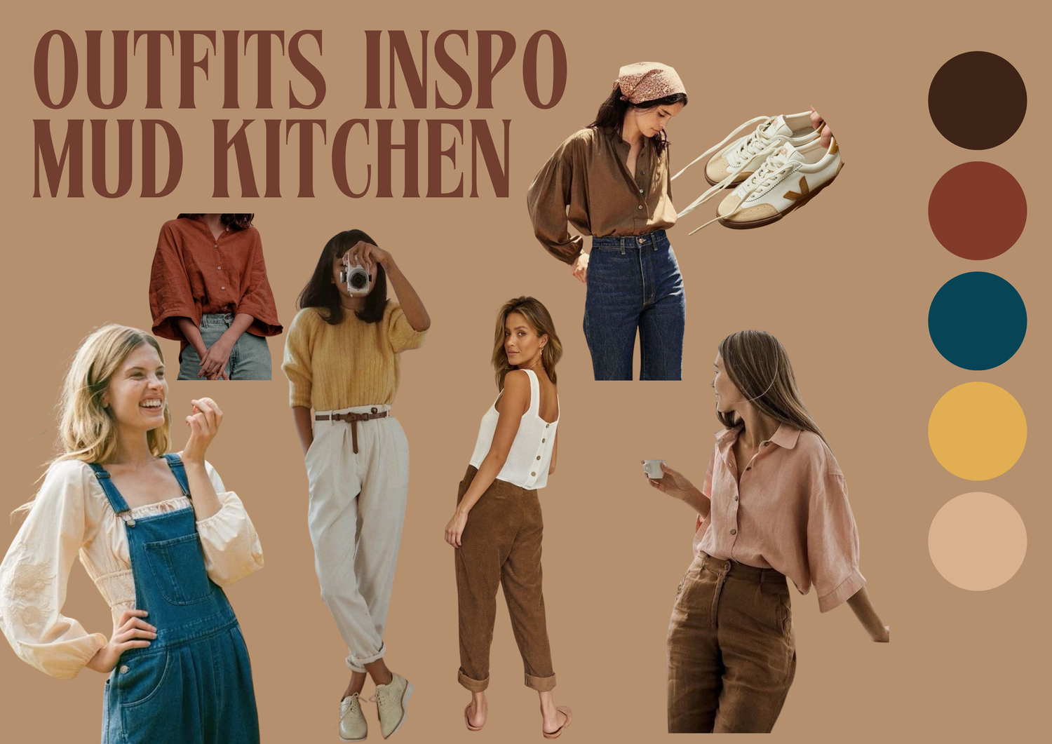 Fashion mood board featuring earthy-toned maxi dresses and flowing outfits in rustic brown, orange, and cream colors.