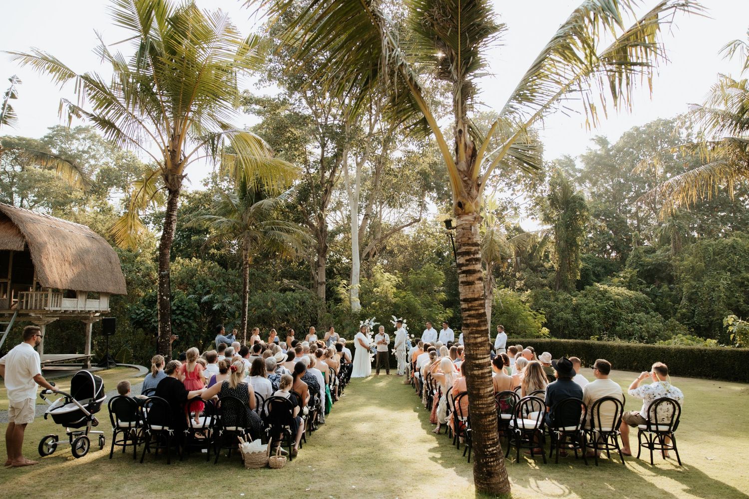 Outdoor wedding ceremony setup with rows of chairs along palm tree-lined path.