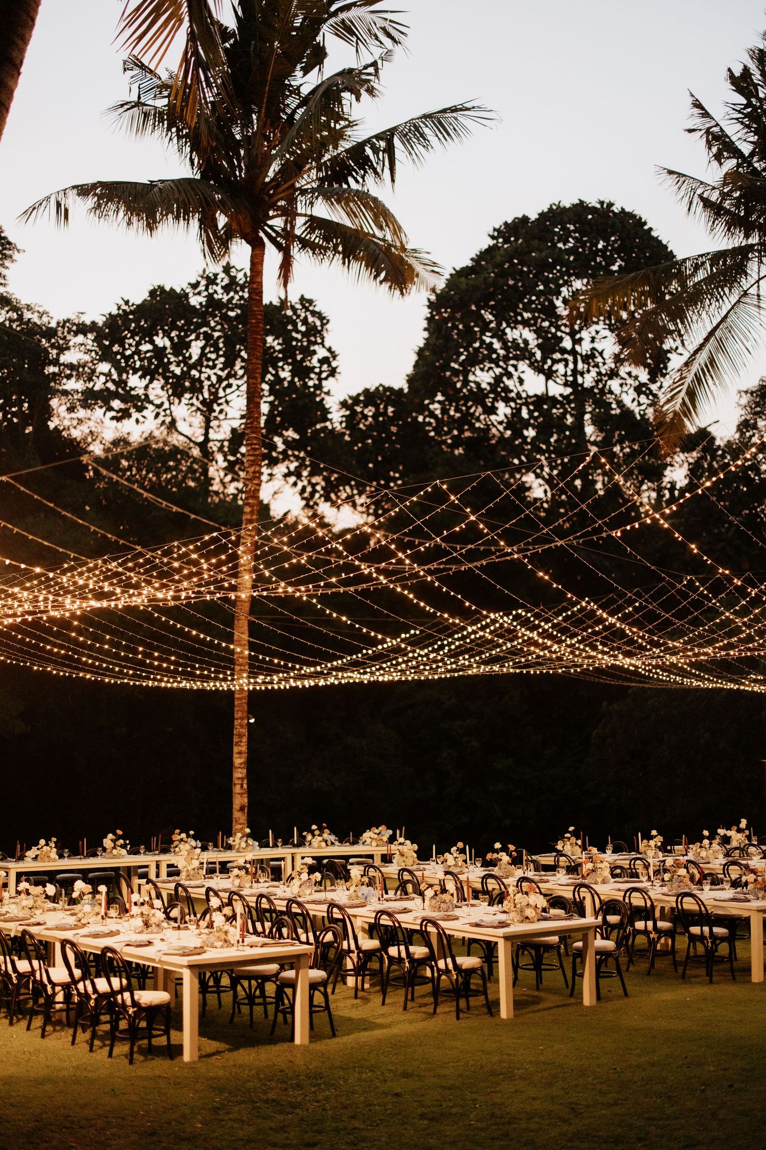 Tables and chairs arranged outdoors under palm trees and string lights for an elegant tropical evening reception.