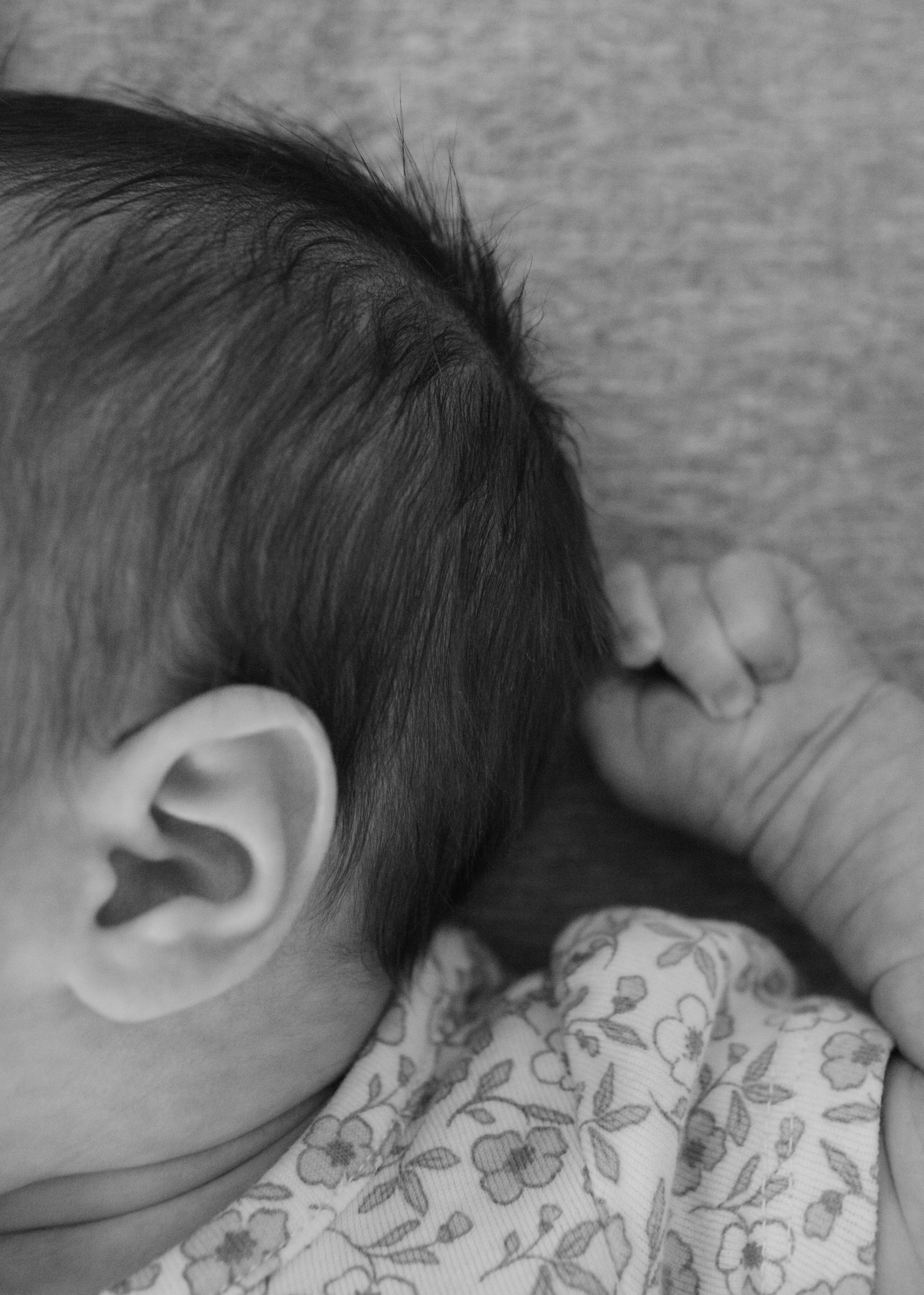 Black and white detail shot, newborn ear and fingers grabbing hair photographed in soft, natural light.
