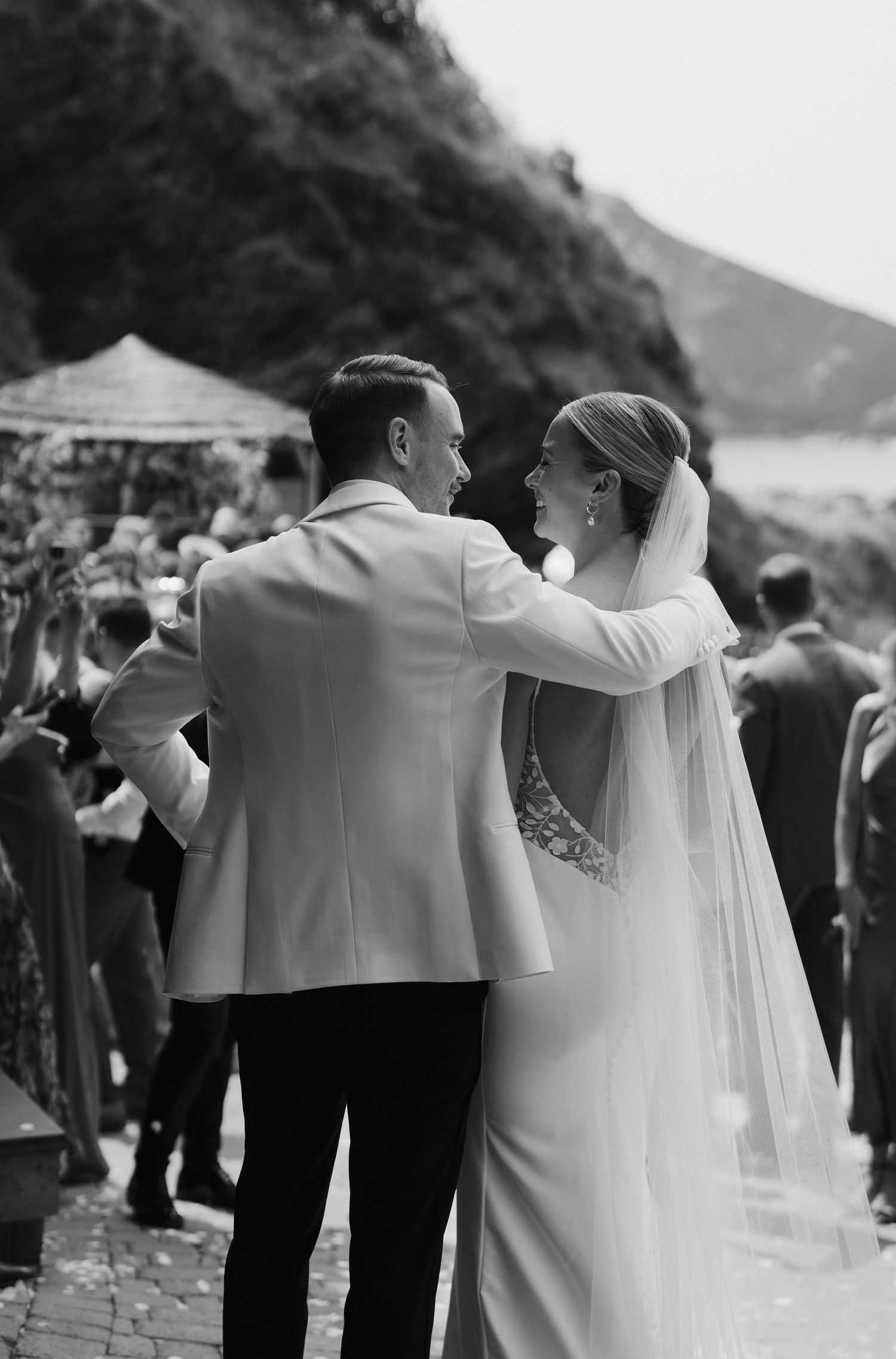 Bride and Groom and wedding guests at Tunnels Beaches in North Devon