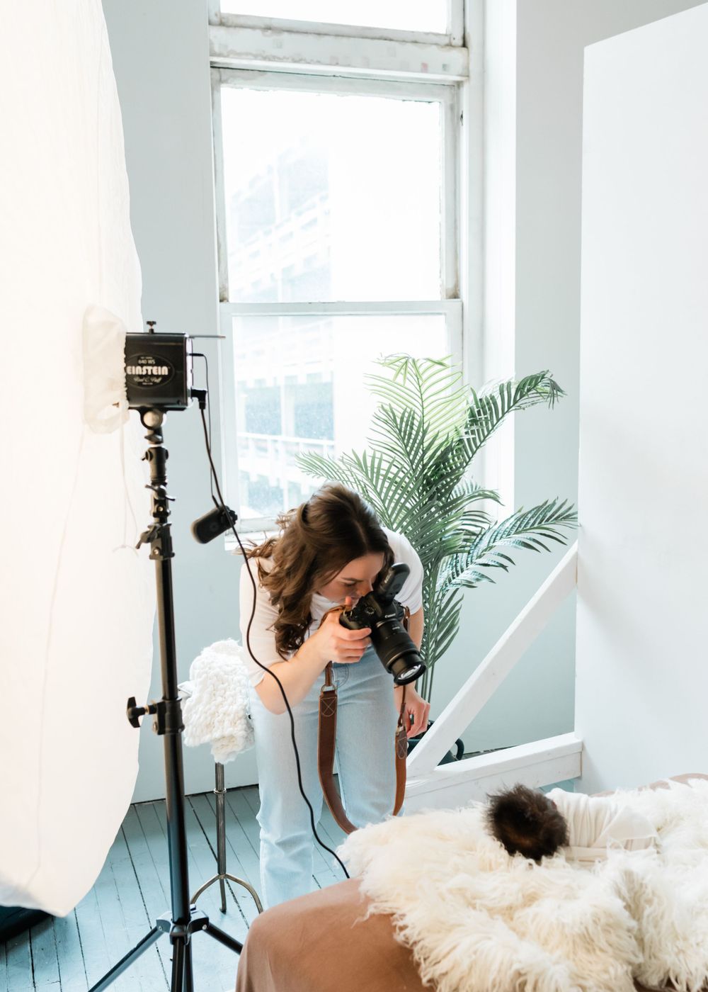 A photographer works with professional equipment in a bright white room with a potted palm plant near a window.