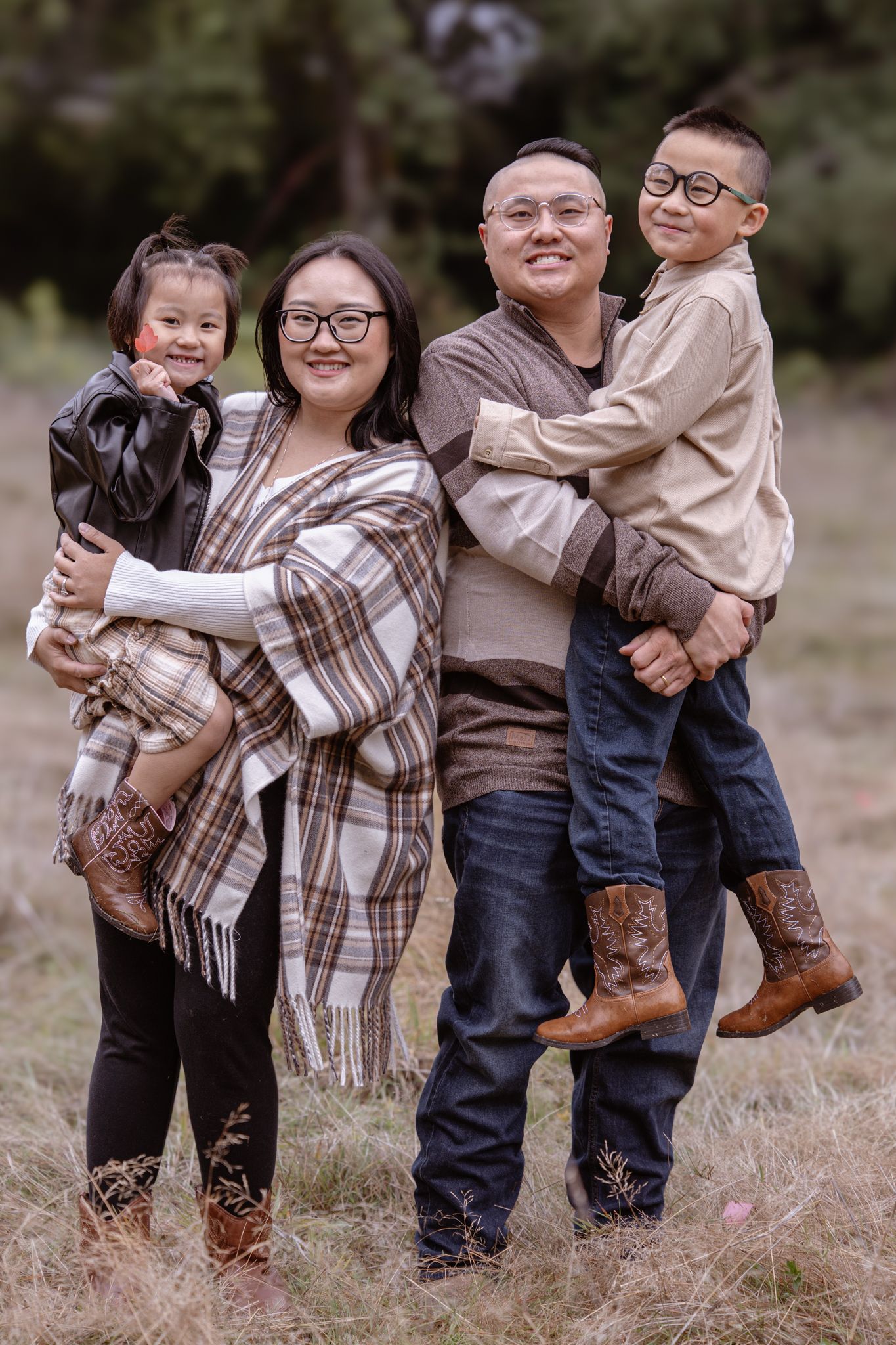 A heartwarming sequence of candid family photos showing playful interactions in coordinated brown and plaid outfits outdoors.